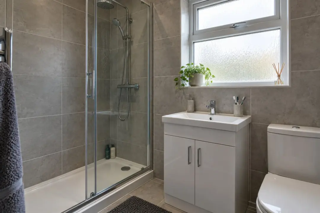 Compact bathroom with a glass shower enclosure and grey tiles