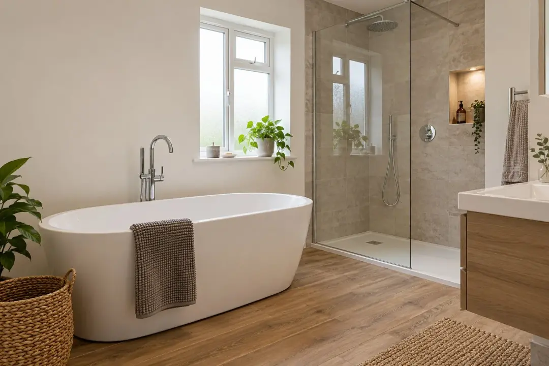 Modern bathroom with a freestanding bath and walk-in shower