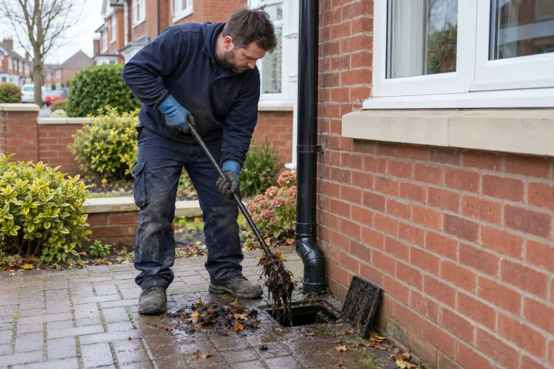 Engineer clearing leaves and silt from a blocked outside drain