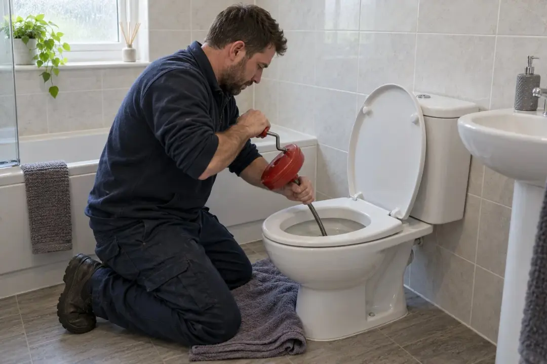Plumber unblocking a toilet with a toilet auger