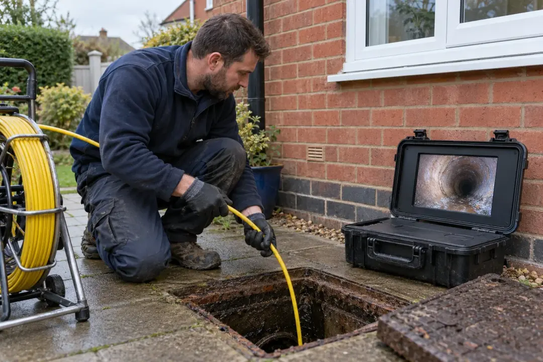 Engineer feeding a CCTV drain camera into a manhole beside a house