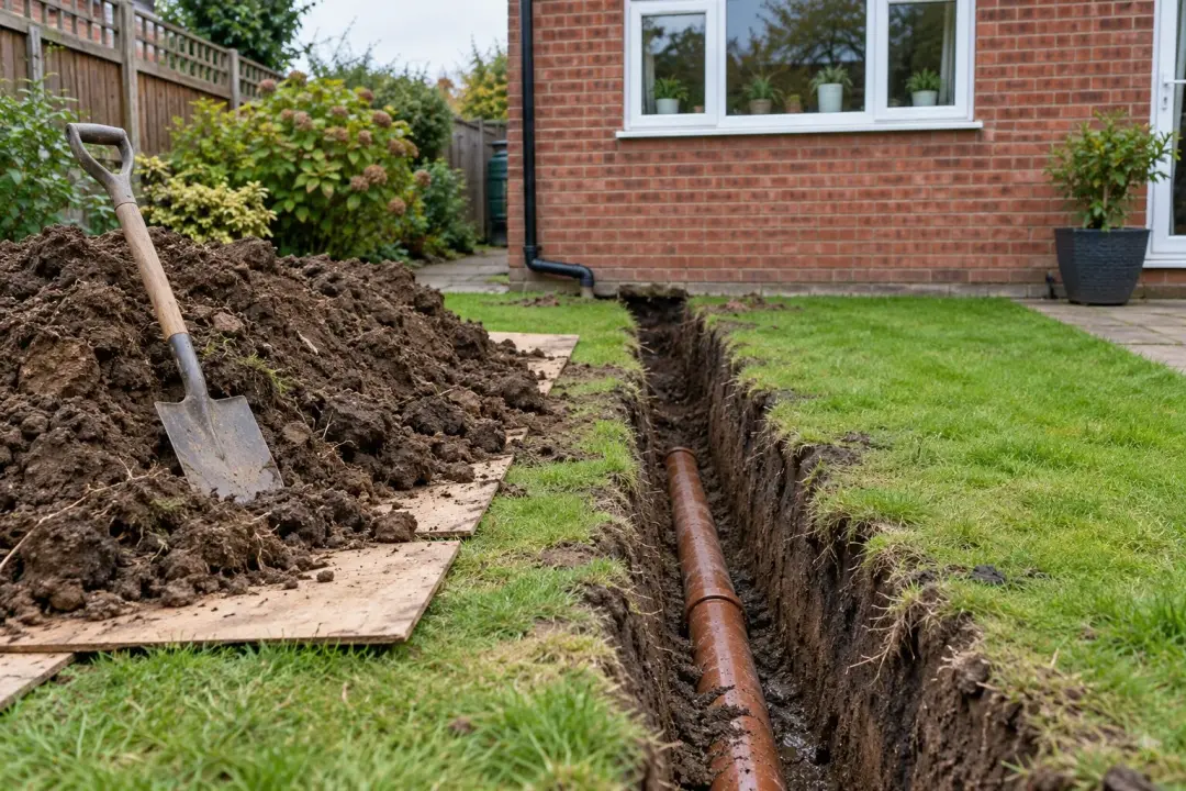 Open trench across a garden lawn exposing a drain pipe
