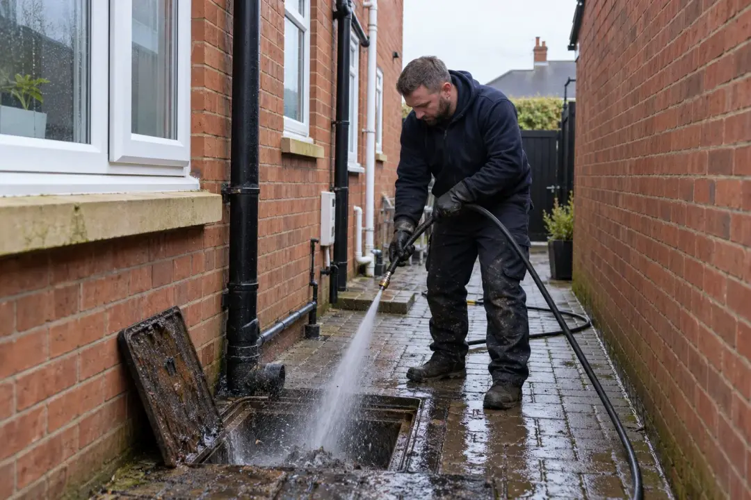 Engineer jetting a drain in a side passage between brick houses