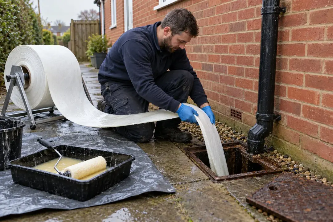 Engineer feeding a drain liner into an open drain beside a house