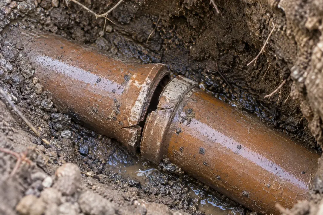 Cracked and displaced clay drain pipe joint in a trench