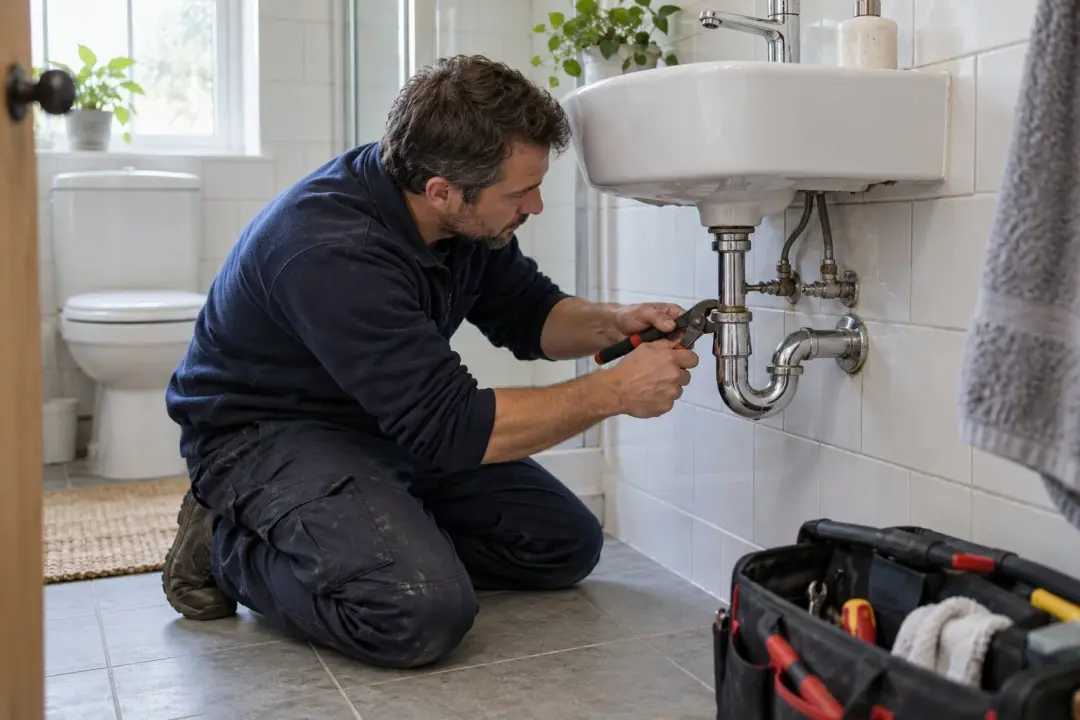 Plumber tightening the waste trap under a bathroom basin