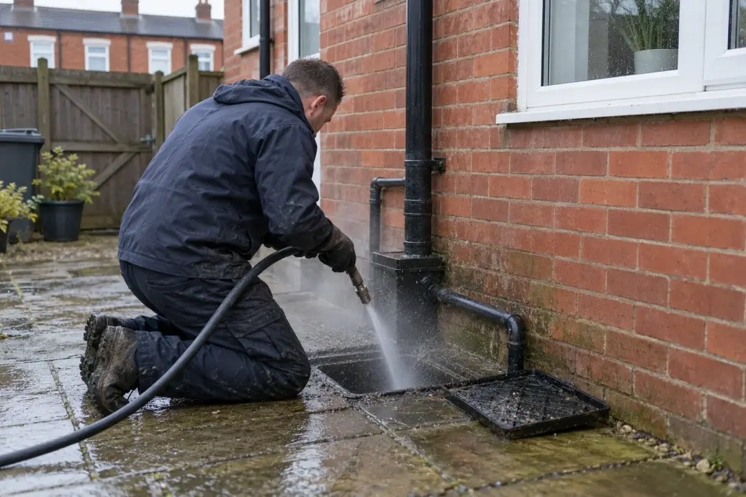 Engineer jetting an outside drain gully beside a brick house